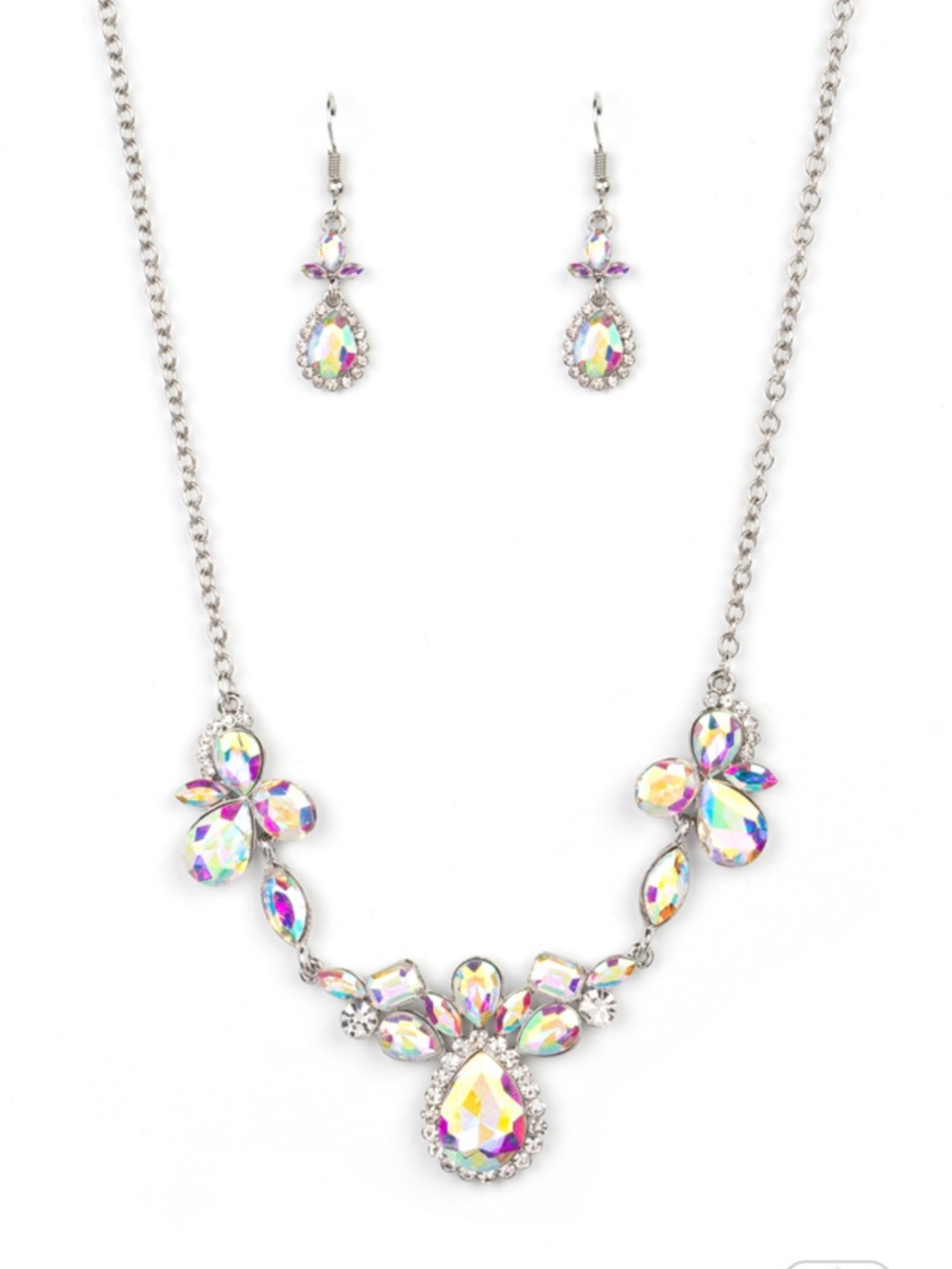N-65 Aurora Crystal Teardrop Necklace and Earrings Set - Iridescent